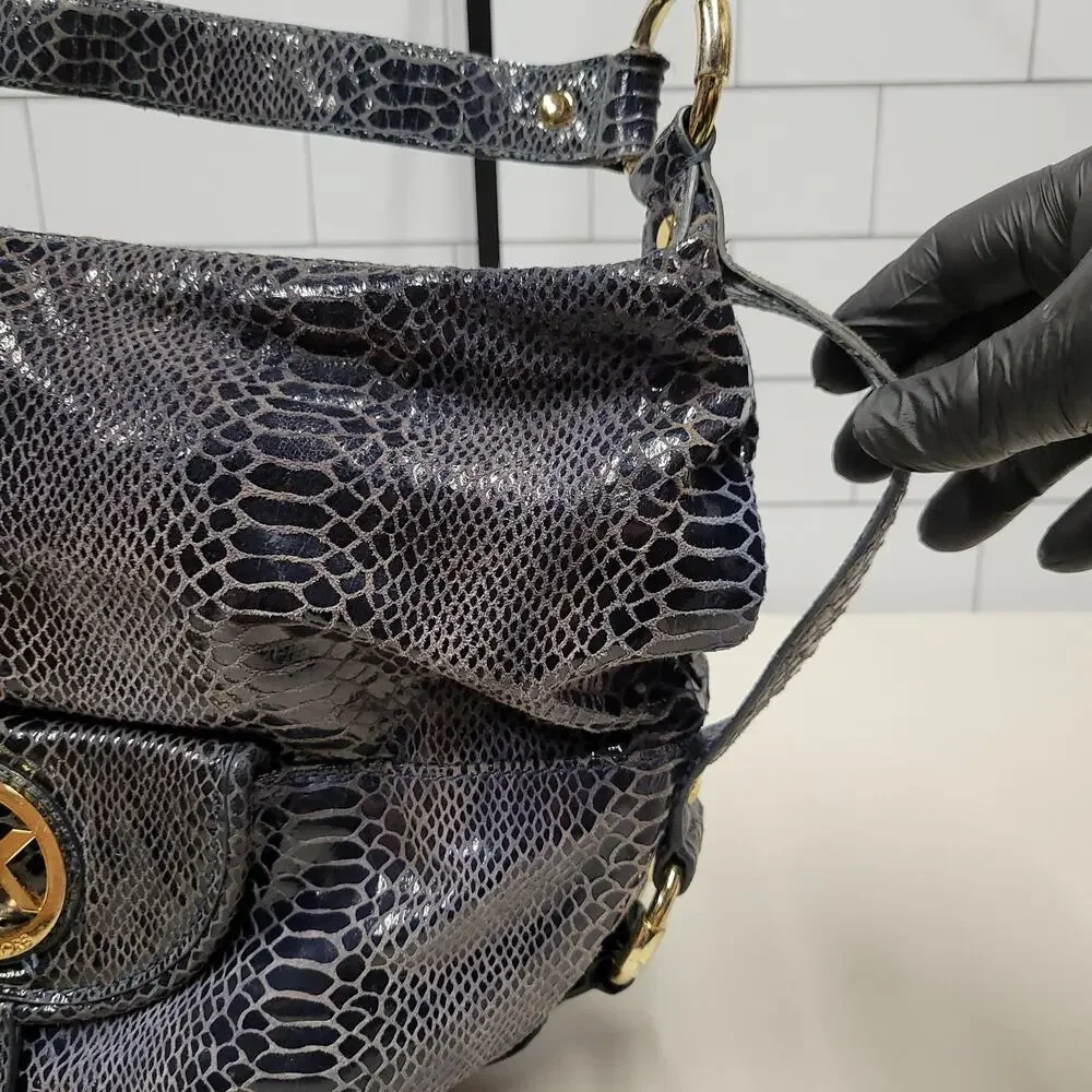 Michael Kors Gray Snake Embossed Hobo Shoulder Bag Gold MK Logo Purse Large